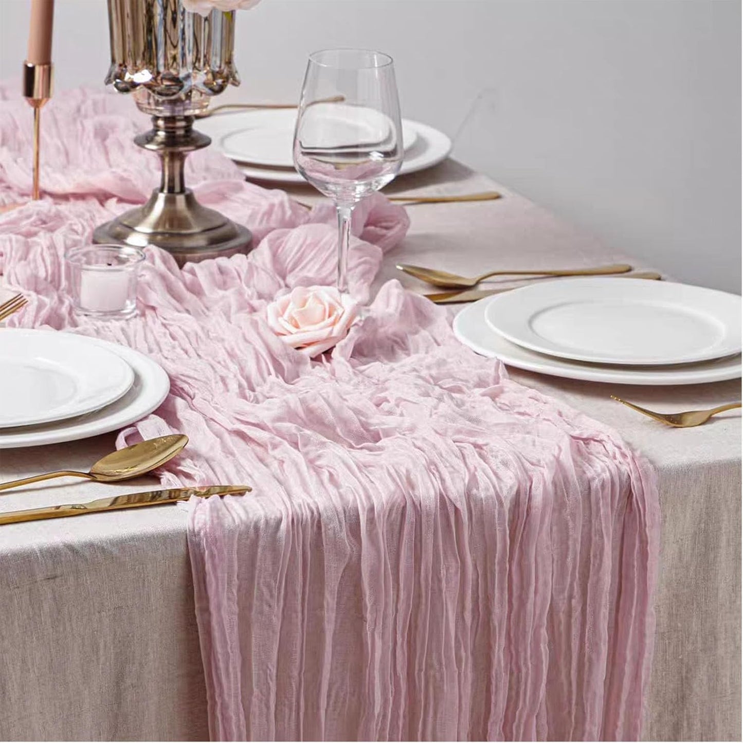 8 Pack 10Ft Table Runner 35x120 inch Pink Boho Gauze Table Cheese Cloth Long Wrinkled Sheer Table Runner for Wedding Bridal Shower Birthday Party Table Decor