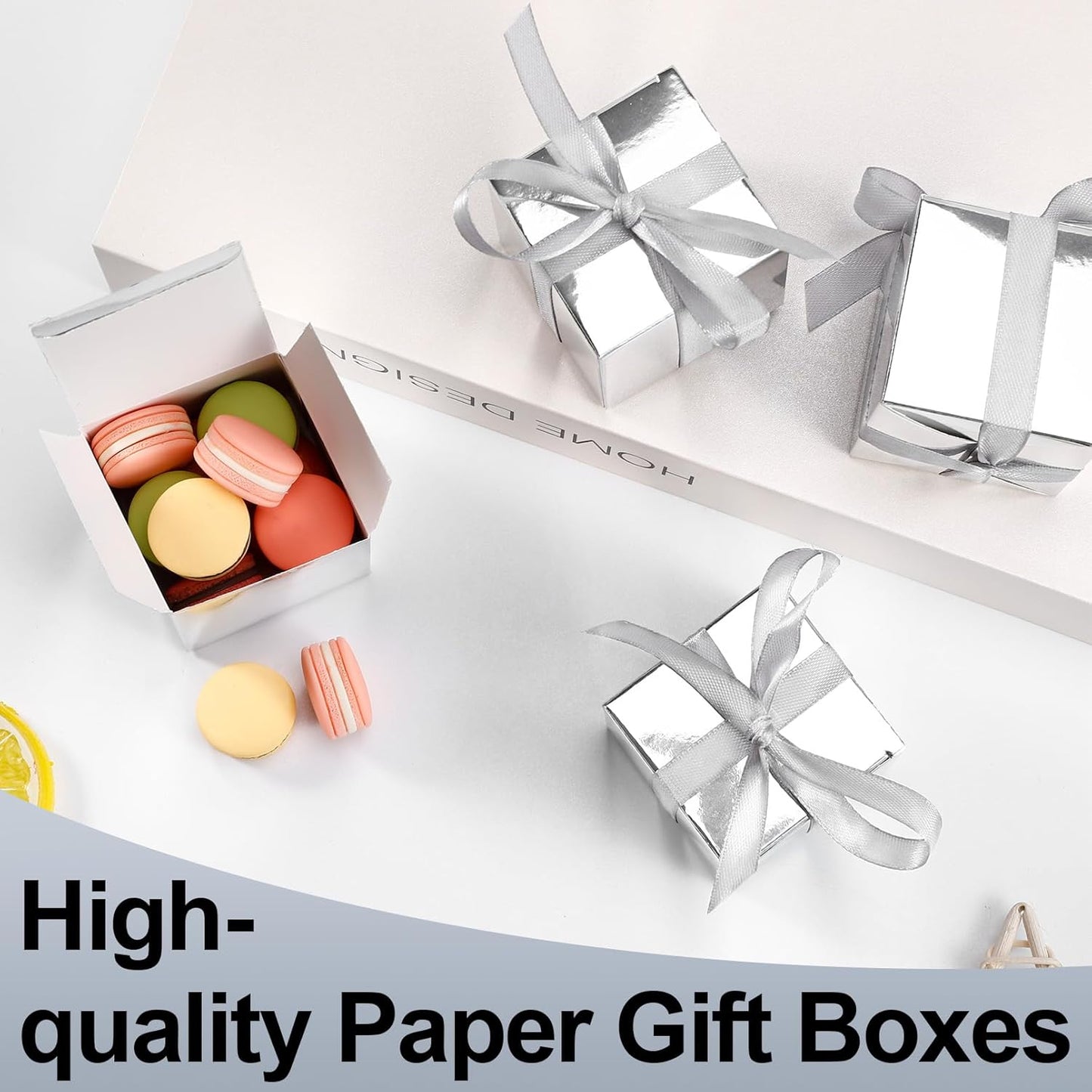 COCPOK 50 Pack Silver Gift Boxes, 2x2x2 inch Gift Box, Small Candy Boxes with Lids and Ribbons, Paper Favor Box for Wedding Bridal Shower Baby Shower Birthday Party