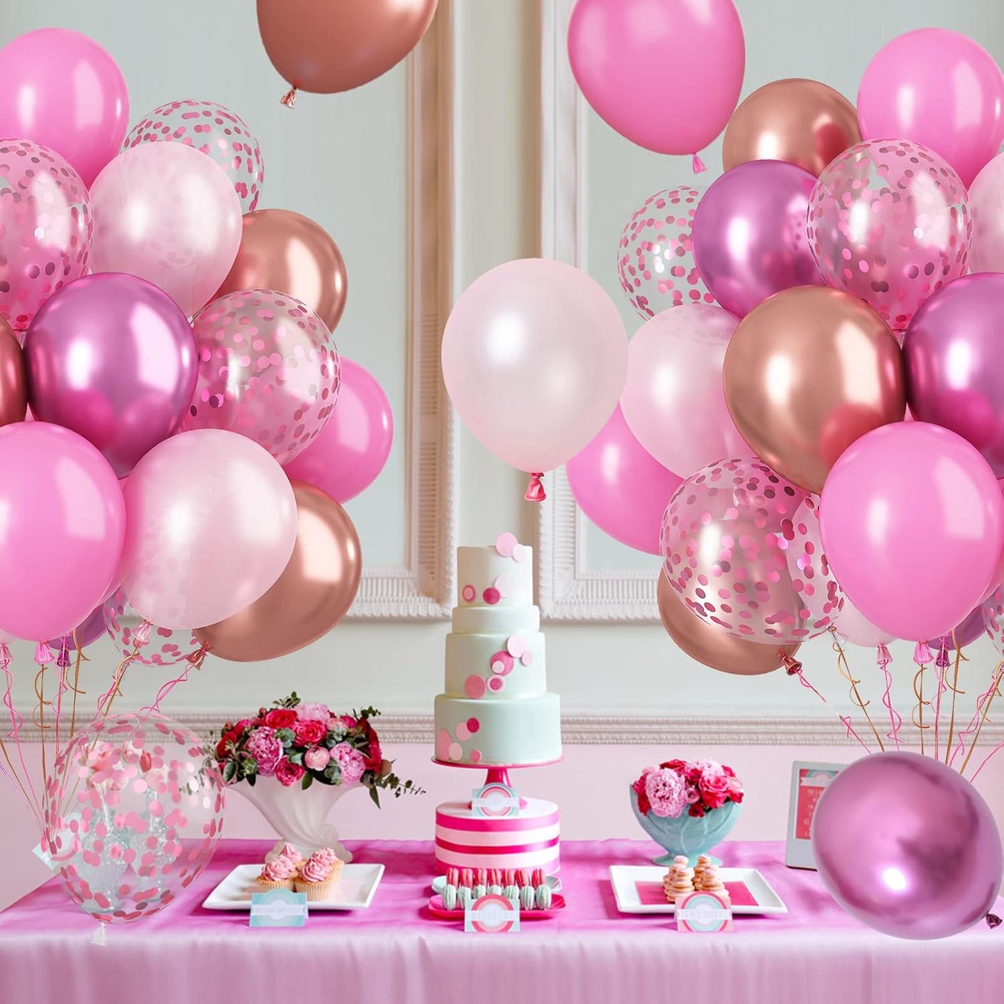 Paready Pink Confetti Balloons, 60 Pcs 12 Inch Metallic Red Rose Gold and Pink Latex Confetti Balloons for Birthday Baby Shower Engagement Anniversary Wedding Bridal Shower Party Graduation Decoration