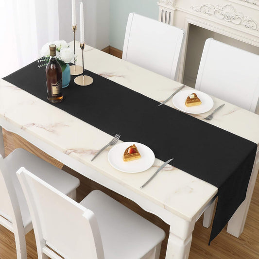 DUALIFE Jet Black Table Runner 14x72 inch Solid Color Thick Polyester Decorative Cloth Handcrafted for Wedding Party Birthday Graduations Banquet,Restaurant & Outdoors 2 Pieces