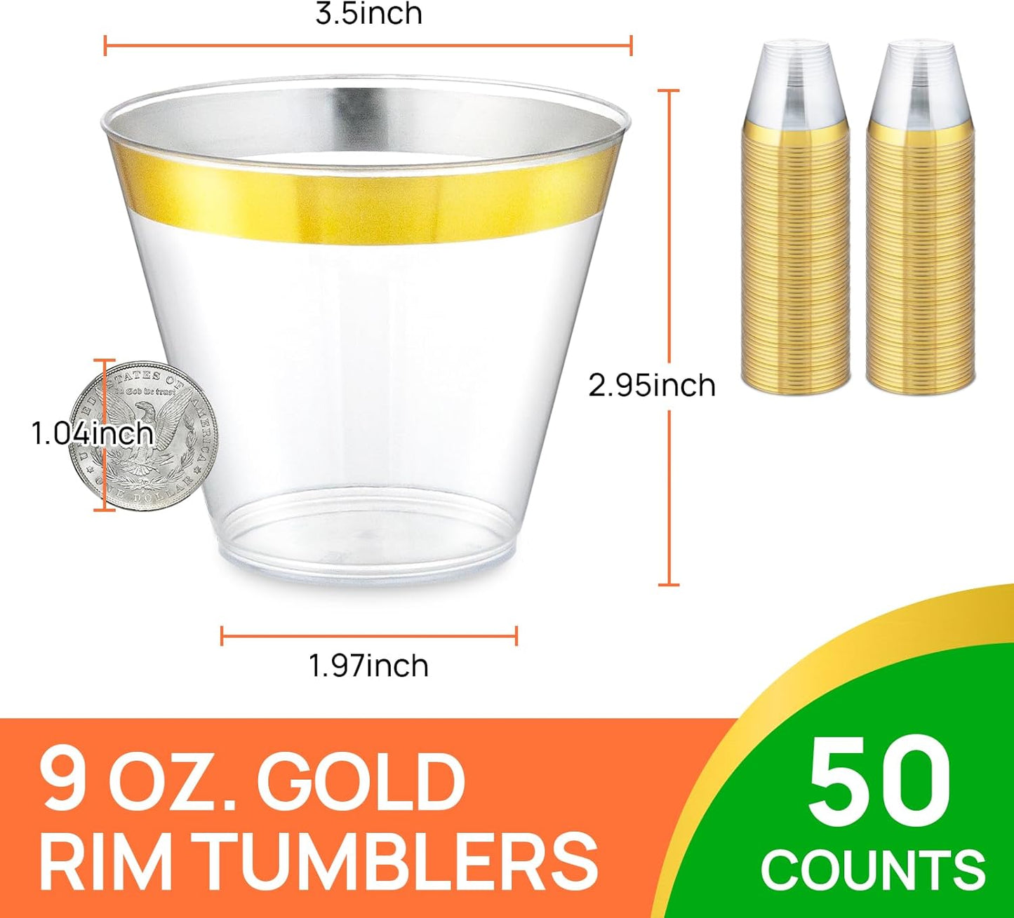 50counts 9 OZ. Disposable Cups Old fashioned Party Tumblers, 9 Ounce Squat Cups Gold Wine Glasses Hard Plastic Cups with Gold Rim