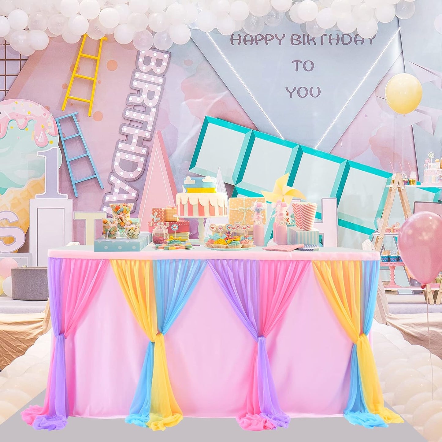 9ft Unicorn Tulle Table Skirt for Rectangle Tables or Round Tables Tutu Rainbow Tablecloth for Birthday Party Baby Shower Girl Boy Wedding Party Dessert Buffet Banquet Table Decorations