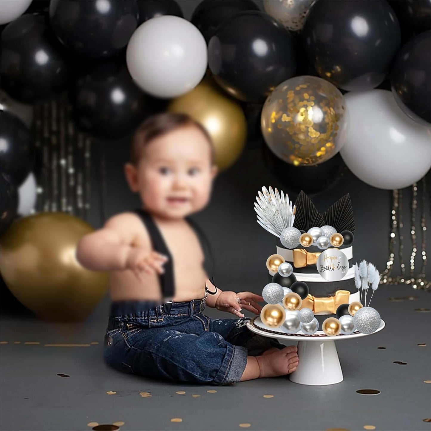 Ephlyn 33 Pack Balls Cake Toppers Boho Palm Leaves Cake Decorations Round Acrylic Happy Birthday Cupcake Toppers for Birthday Wedding Baby Shower Party Supplies Black Silver