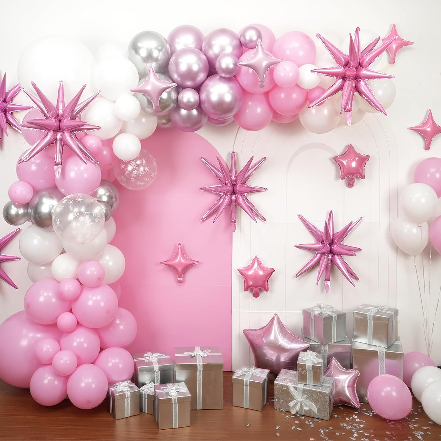 Pink Star Balloon,16Pcs Light Pink Star Foil Balloons Set with 22Inch Explosion Spike Cone Balloons and 10Inch Quadrangle Helium Balloon for Birthday Wedding Baby Shower Party Decorations
