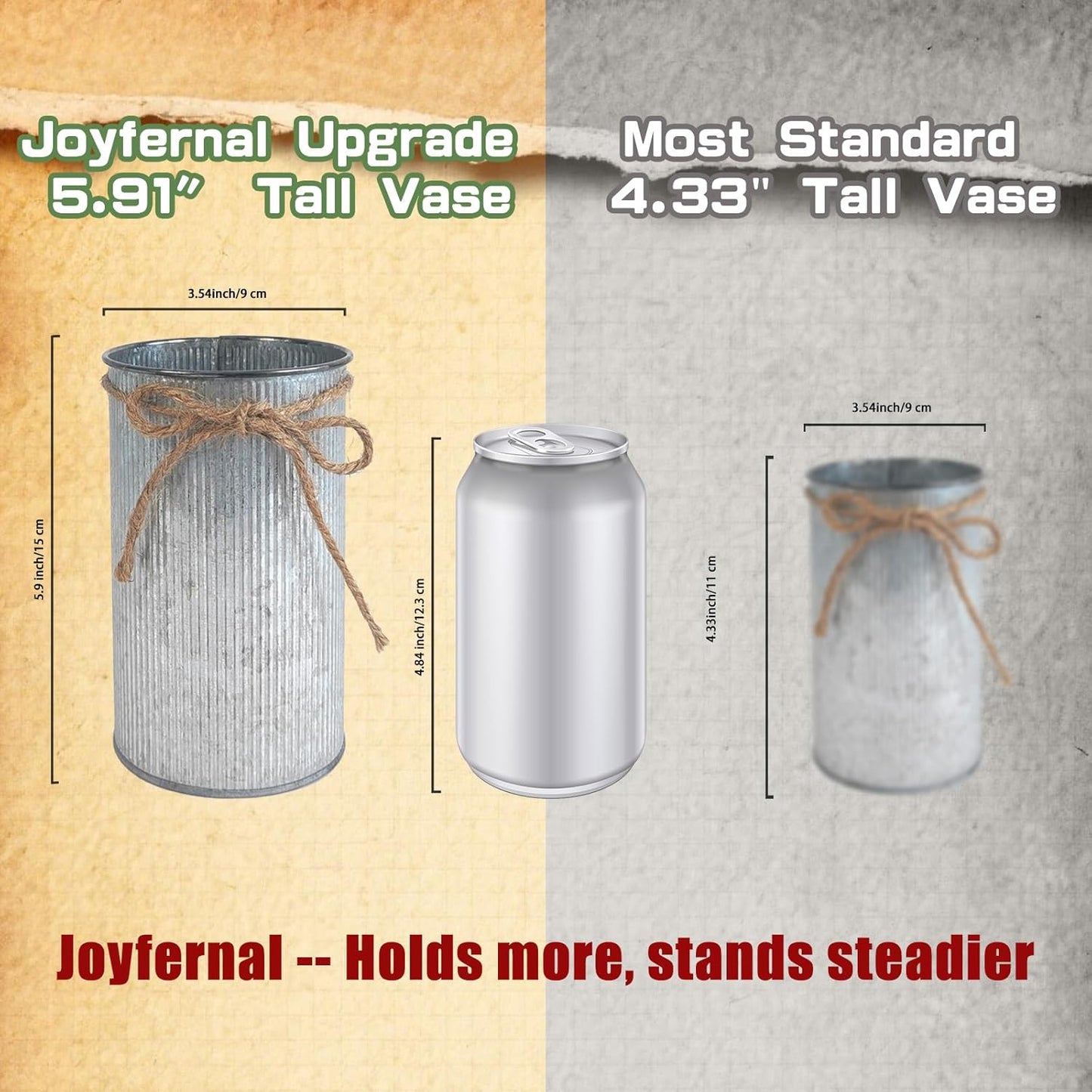 6" High Vase Centerpiece for Table, Rustic Farmhouse Mason Jars with Twine Bow, Vintage Galvanized Metal Flower Container for Wedding Home Decor (Silver, 2Pcs)