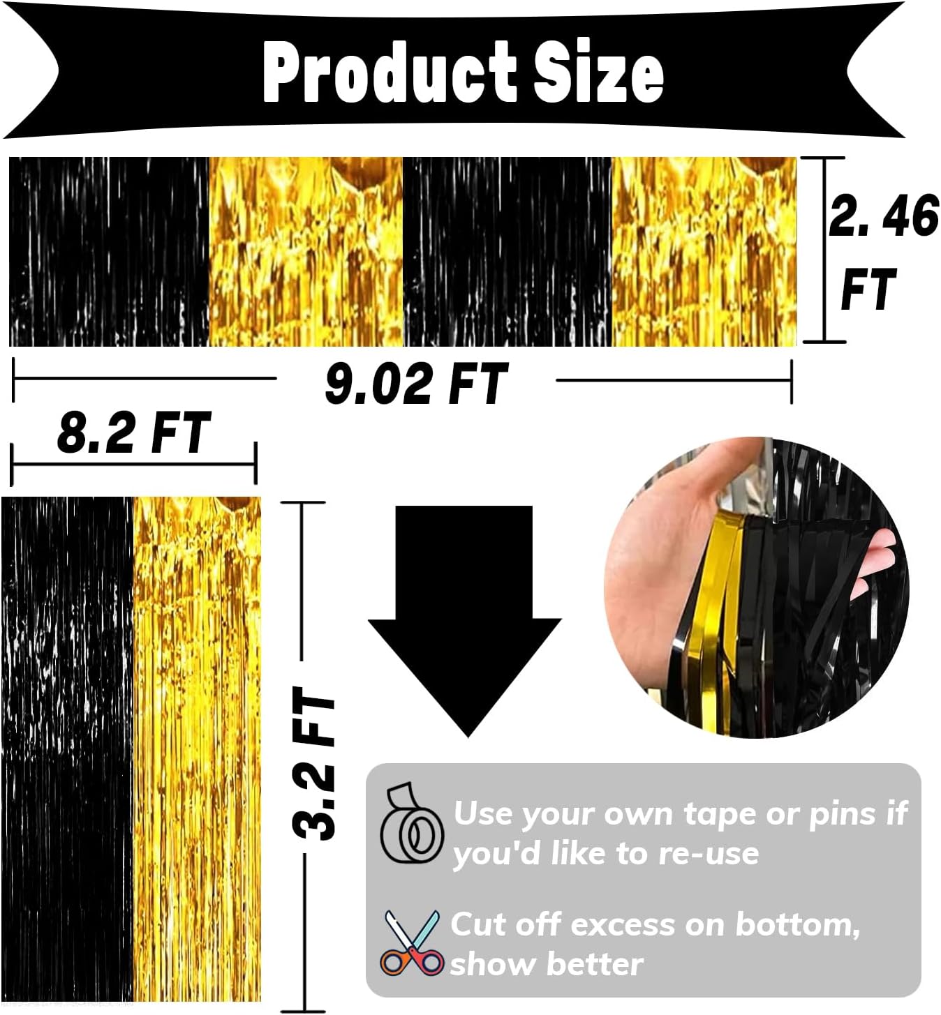 4P Metallic Foil Fringe Tinsel Table Skirts for Rectangle Tables Backdrop Banner Streamer Garland Curtains for Parade Floats Wedding Graduation Anniversary Birthday Parties Decoration (Black Gold)