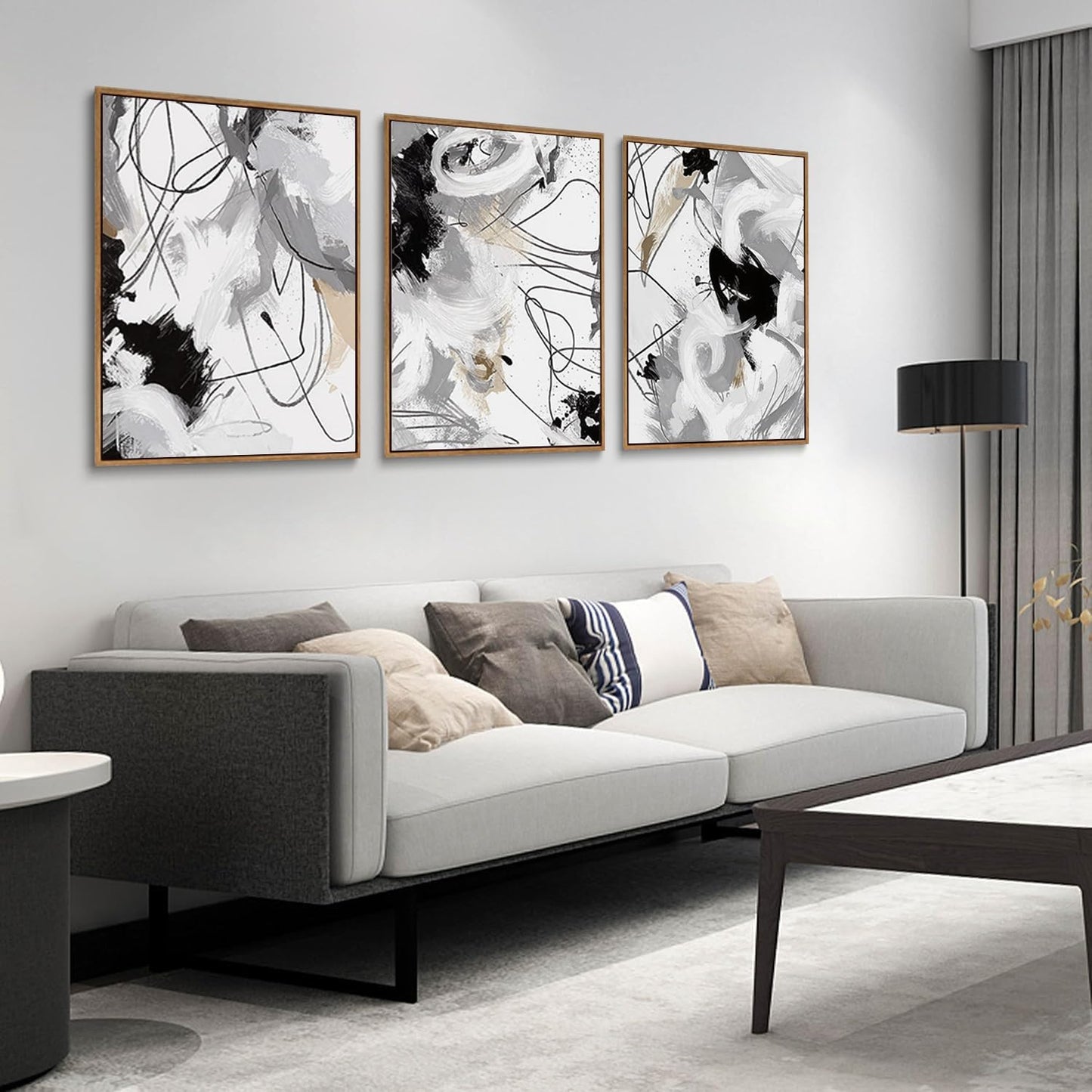 myusuar 3 Piece Large Modern Abstract Canvas Framed Wall Art For Living Room, Black And White Lines Minimalist Wall Art Decor Posters Prints For Bedroom Office, 16x24in
