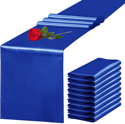 10 Pack Satin Table Runner 12 x 108 Inch Long Royal Blue Silk Table Runner for Wedding Party Banquet Birthday Decoration