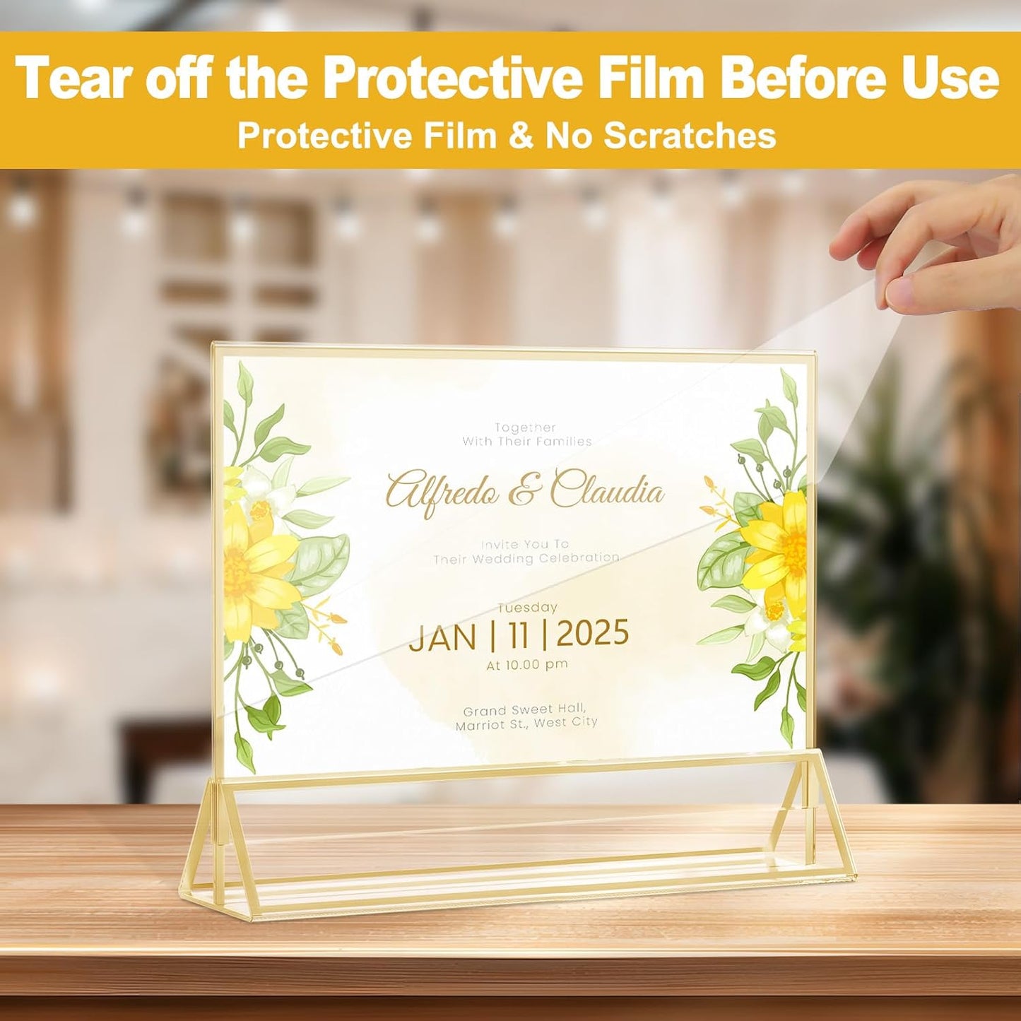 EHWINE 6 Pack Acrylic Sign Holder 5 x 7 Horizontal, Double-Sided Stand up Table Top Sign Holders, Gold Acrylic Picture Frame Menu Flyer Paper Holder Display Stand for Office Business Store Wedding Party