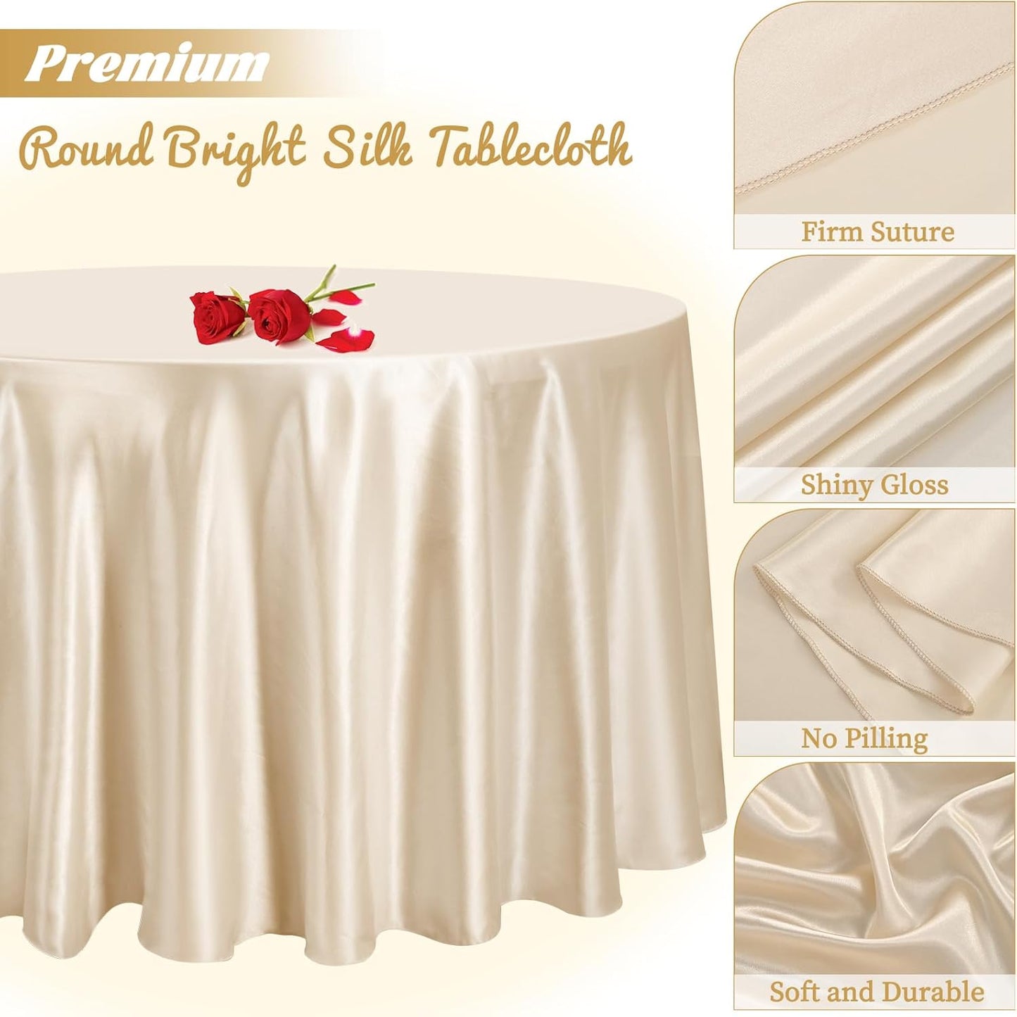 12 Pack 108 Inch Champagne Satin Tablecloth - Premium Bright Silky Round Tablecloth Overlay Smooth Fabric Table Cover, Table Decoration for Wedding Party Banquet Events Restaurant Kitchen Dining