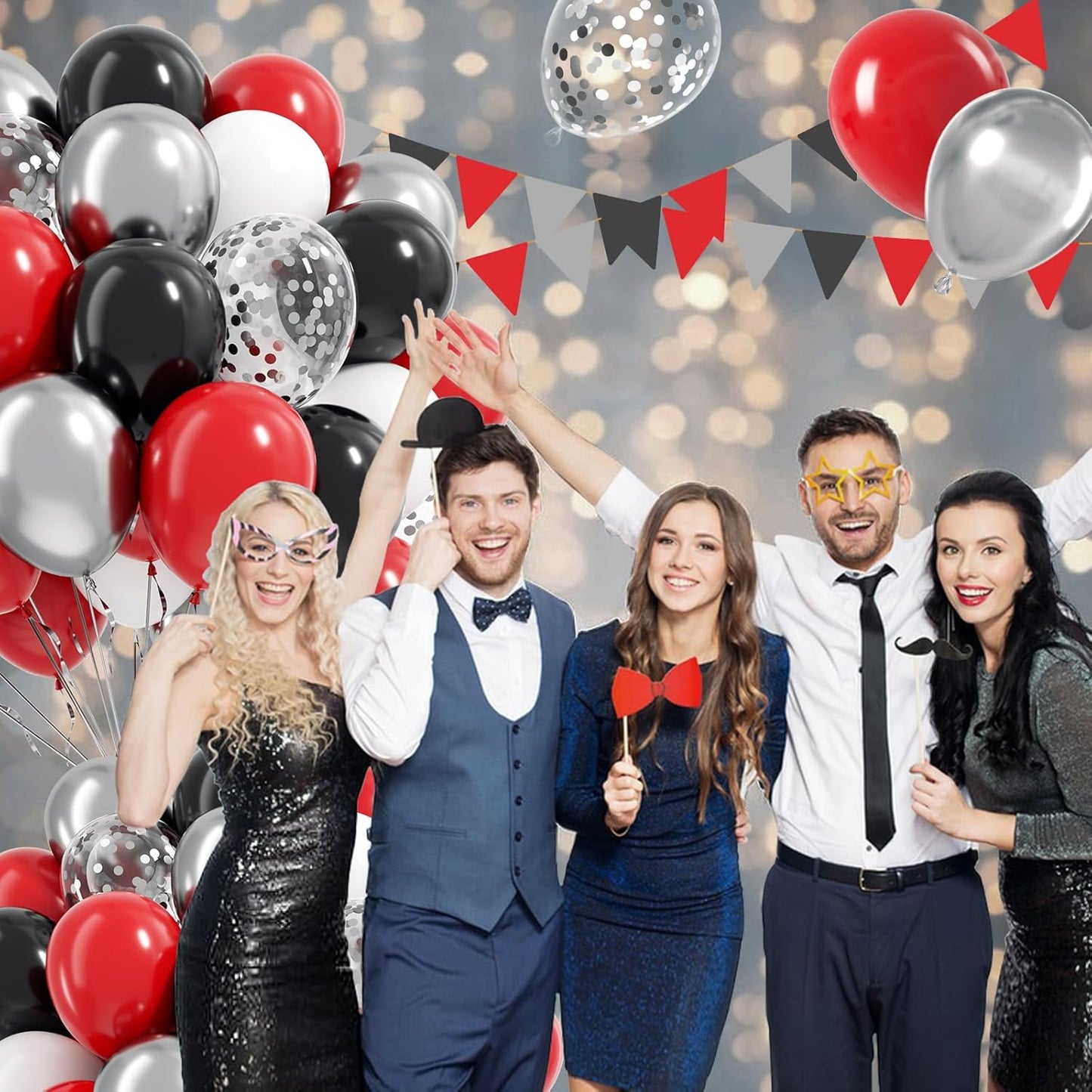 Red and Black Balloons, 60pcs 12inch Red Black White Silver Confetti Balloons for Graduation Birthday Party Decorations