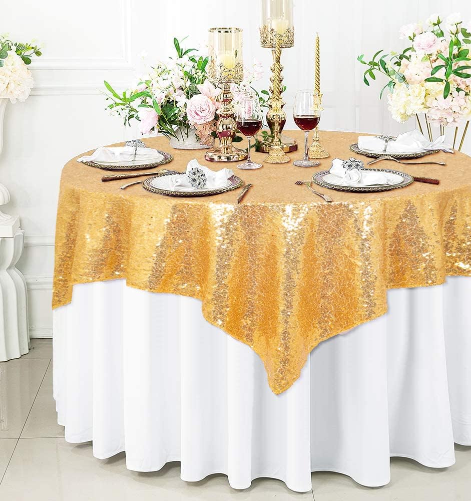 ShinyBeauty Gold Table Cloths for Party 2 Packs, 72X72 Inch Sequin Tablecloths Square Glitter Table Cloth Overlay Gold Tablecloth for Wedding, Birthday, Cake Tables