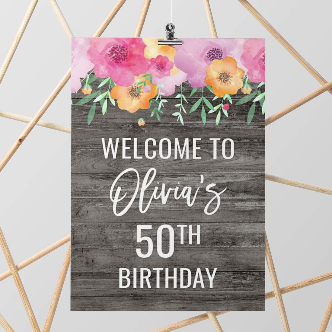 Andaz Press Personalized Extra Large Birthday Easel Board Party Sign, 12x18-inch, Pink Floral Flowers on Gray Rustic Wood, Welcome to Olivia's 50th Birthday, 1-Pack, Custom Name Age