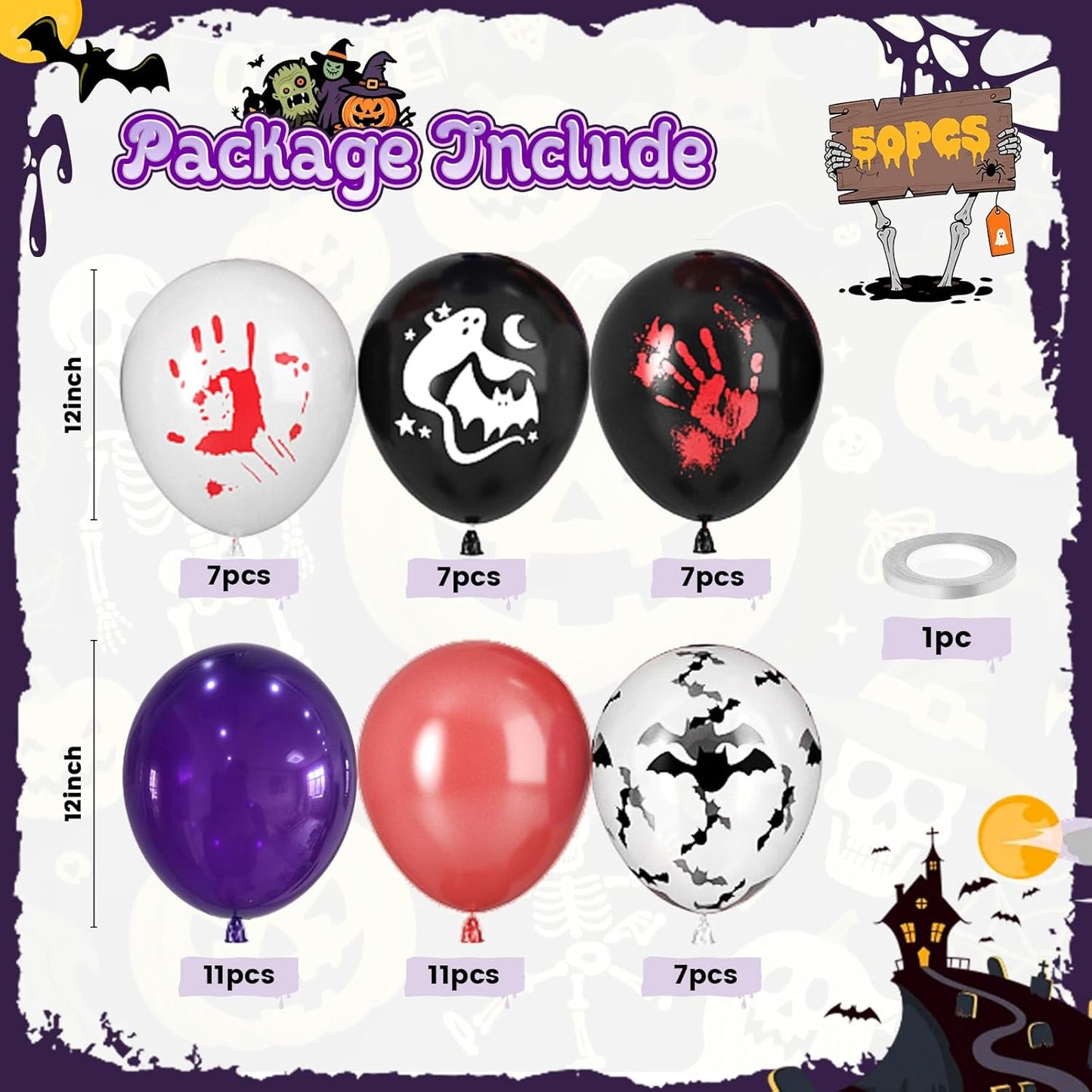 Paready Halloween Balloons, 50pcs Black Purple Red Balloons, Black White Bloody Handprint Balloon Bat Printed Balloon For Scary Halloween Masquerade Spooky Vampire Haunted Themed Birthday Party Decor