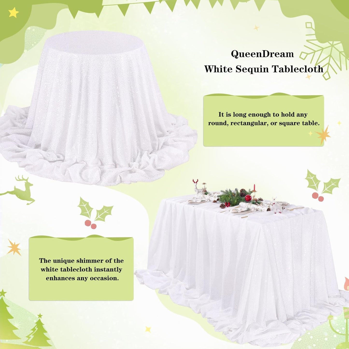 QueenDream White Tablecloth 60x102 Inch Rectangular Sequin Tablecloth for Baby Shower Wedding Banquets or Restaurants