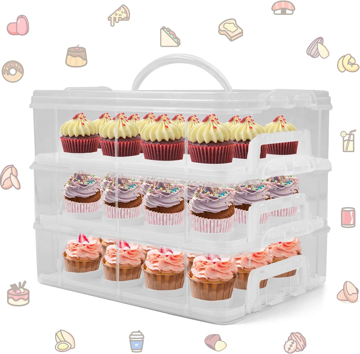 Cupcake Carrier, 3-Tiers Cupcake Containers, Holds 36 Cupcakes or 3 Large Cakes, Cupcake Holder, Cupcake Box with Lid and Handle (White, Basic)