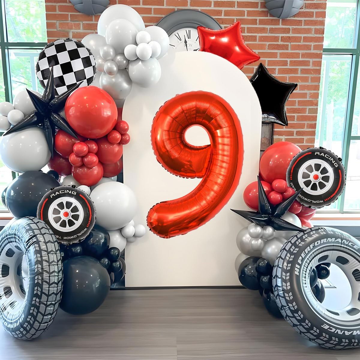 Race Car Birthday Party Decorations - 40 Inch Mylar Red Number 9 Balloons - Black Foil Checkered Race Car Balloons for 9st Birthday Race Cars Themed Party Decorations