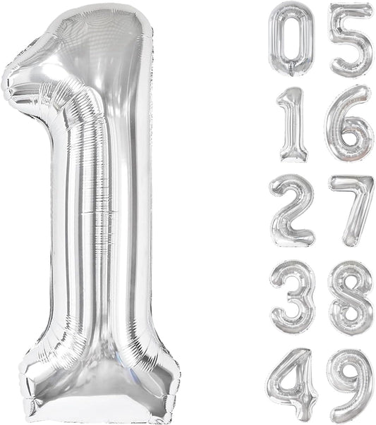 Silver Number 1 Balloon 40 inch, Number 1 Birthday Balloon for Boy Girl, Silver Foil One Balloon for 1st 10 11 12 16 18 Birthday Party, Anniversary Celebration Number Balloons Decorations