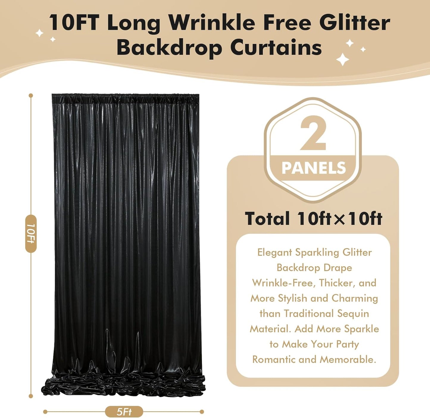10ft x 10ft Black Glitter Sequin Backdrop Curtain for Parties, Wrinkle Free Sparking Backdrop Drapes, 2 Panels 5x10ft Shimmer Photo Back Drop Cloth for Wedding Birthday Photography Background