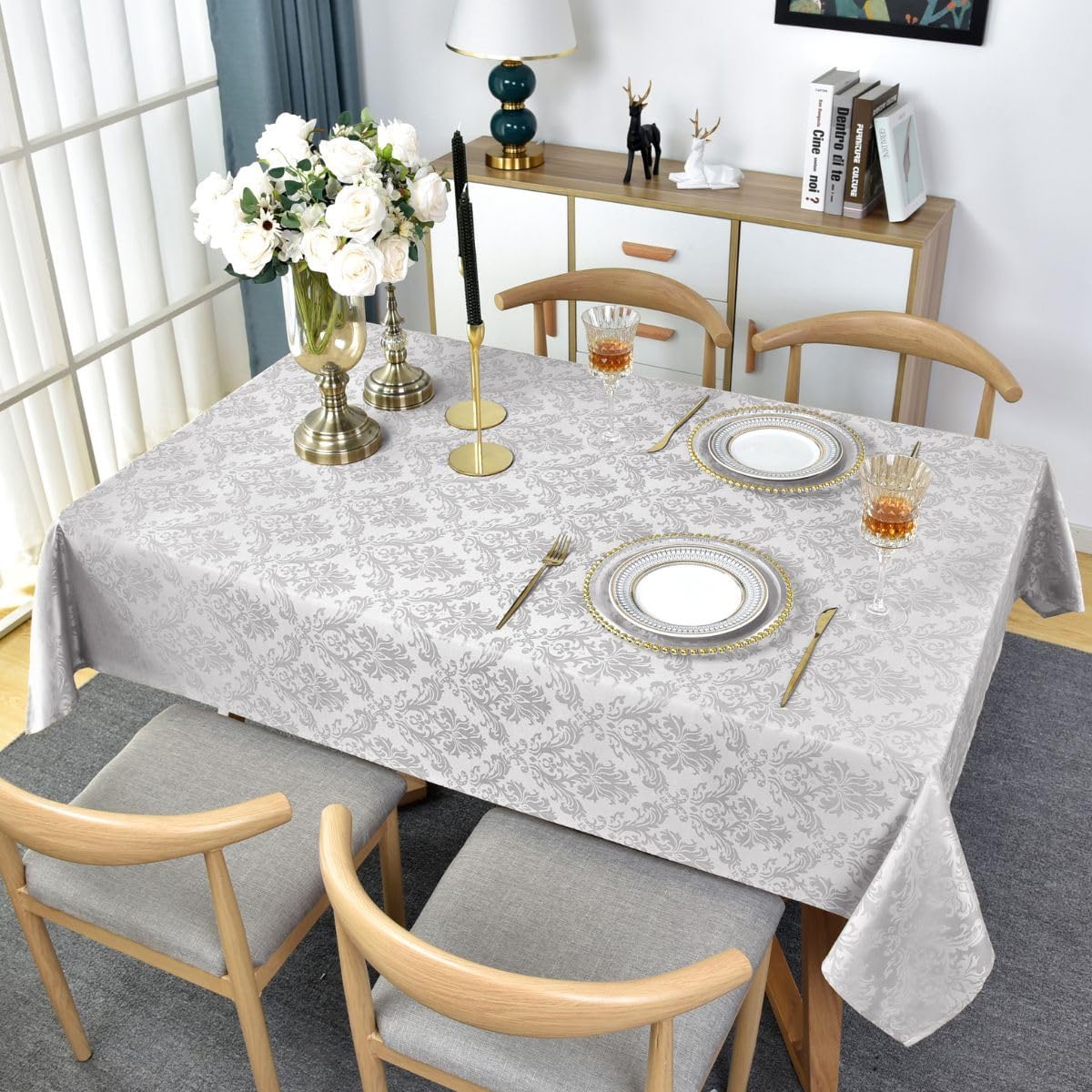 SASTYBALE Rectangle Tablecloth - 60 x 84 Inch Gray Damask Table Cloth Jacquard Design Spill Proof Wrinkle Resistant Water Resistant Soft Polyester Oblong Table Cover for Kitchen Parties Tabletop