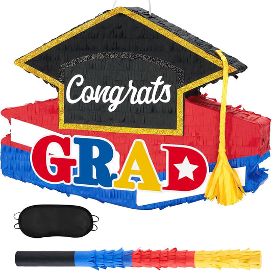 WERNNSAI Graduation Piñata - Graduation Party Game Supplies Graduation Cap Piñata with Blindfold and Bat for Kids Boys Girls Kindergarten Elementary College Party Decoration (12.5" x 16.5" x 3")