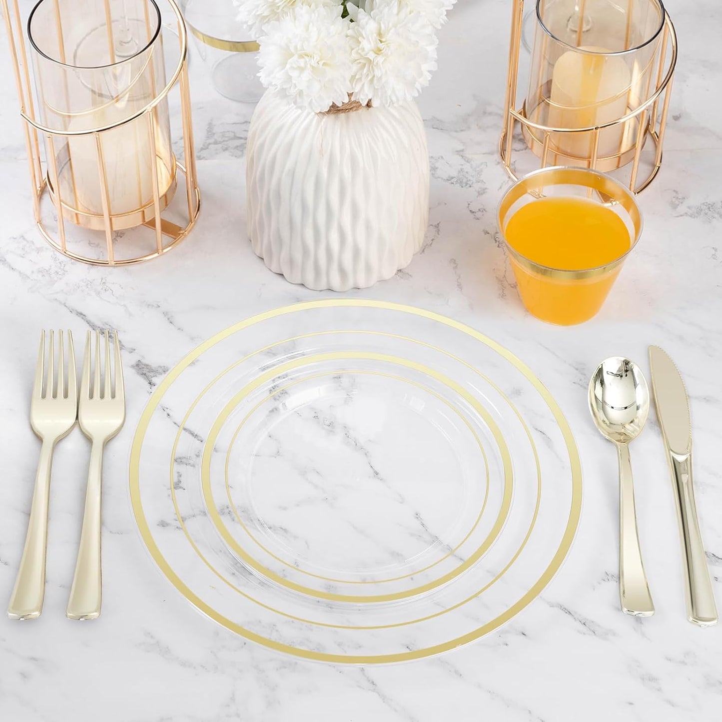 300PCS Clear Gold Plastic Plate Set (50 Guests), Disposable Dinnerware Set for Party, Wedding, Birthday - 100 Plates, 100 Forks, 50 Spoons, 50 Knives for Christmas, Thanksgiving