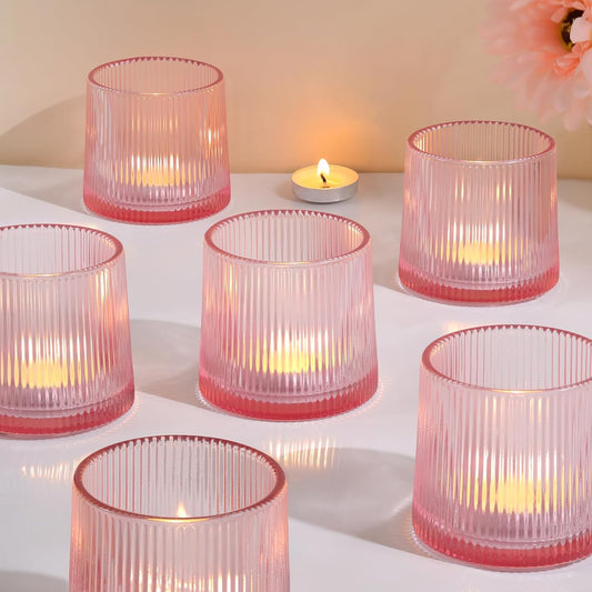 Pink Ribbed Tealight Votive Candle Holders- 6Pack Glass Candle Holders for Table Centerpiece, Home Decor, Wedding Decor, Party Dinner