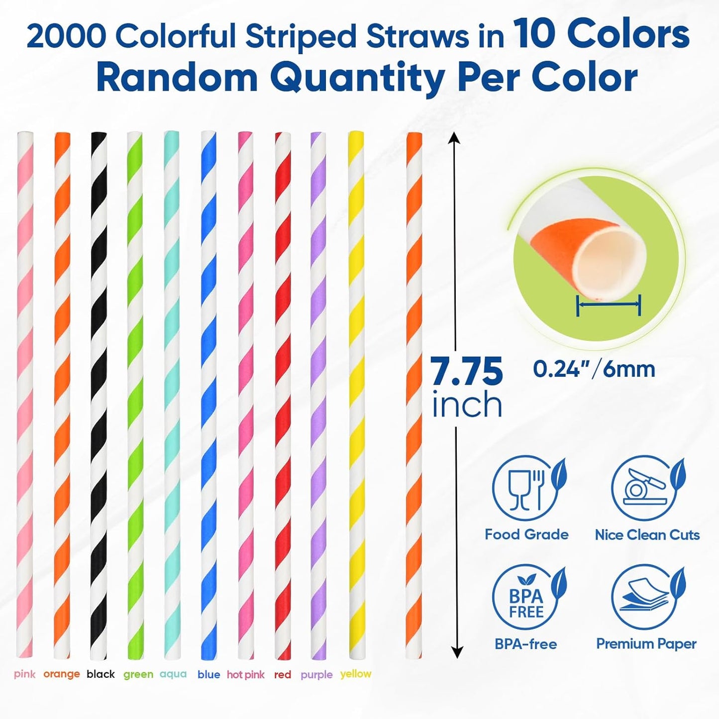 Disposable 7.75" Colorful Paper Drinking Straws Bulk 2000 Counts, 10 Assorted Colors, Eco & Compostable - for Cocktail, Holiday Party, Restaurant, Bar Supply