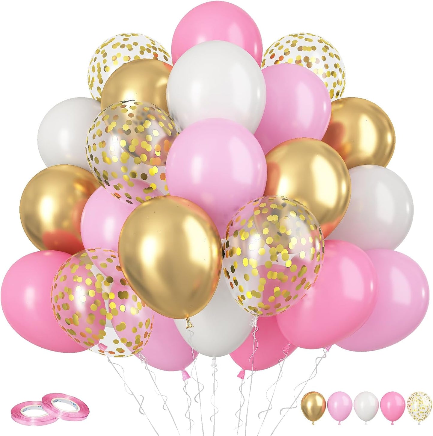 FunHot Pink and Gold Balloons, 60Pcs Retro Pink White Balloons, 12 Inch Metallic Gold Confetti Balloons Helium Light Pink Latex Party Balloons for Girls Baby Shower Birthday Princess Party Decorations