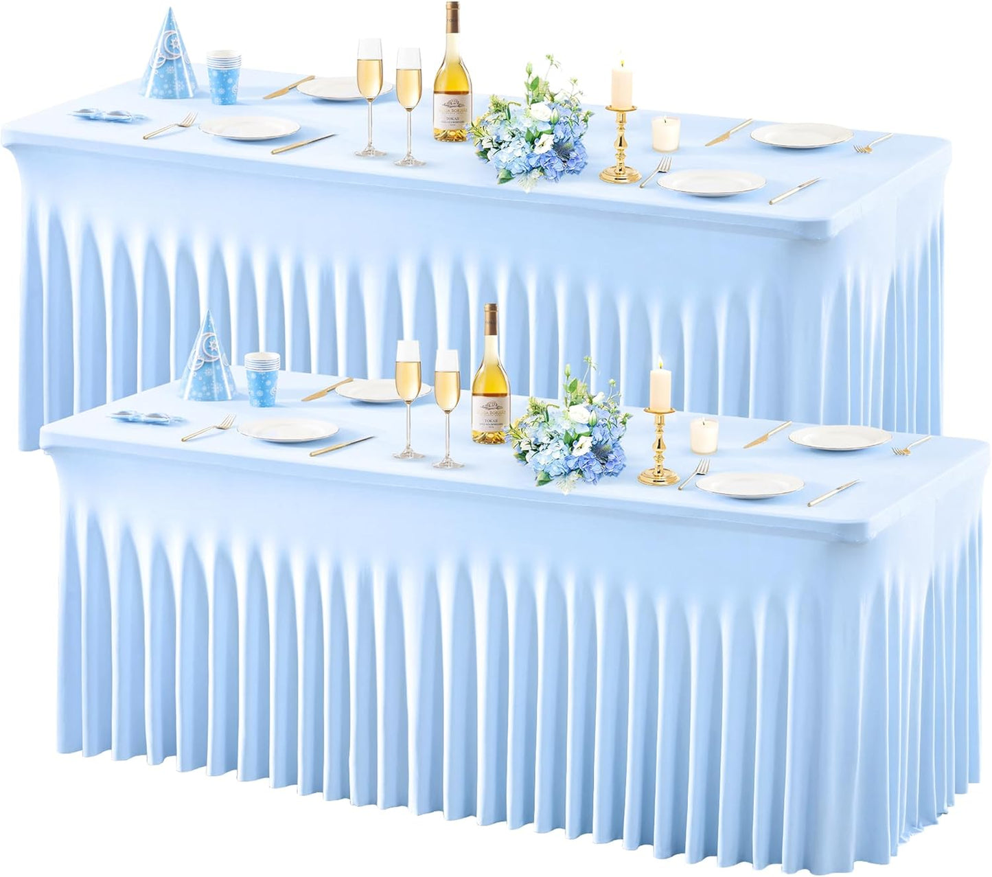 2 Pack Baby Blue Spandex Table Clothes for 6 Foot Rectangle Tables, 6FT Wrinkle Free Fitted Tablecloths Ruffles Design Table Cover for Party, Banquet, Wedding and Events