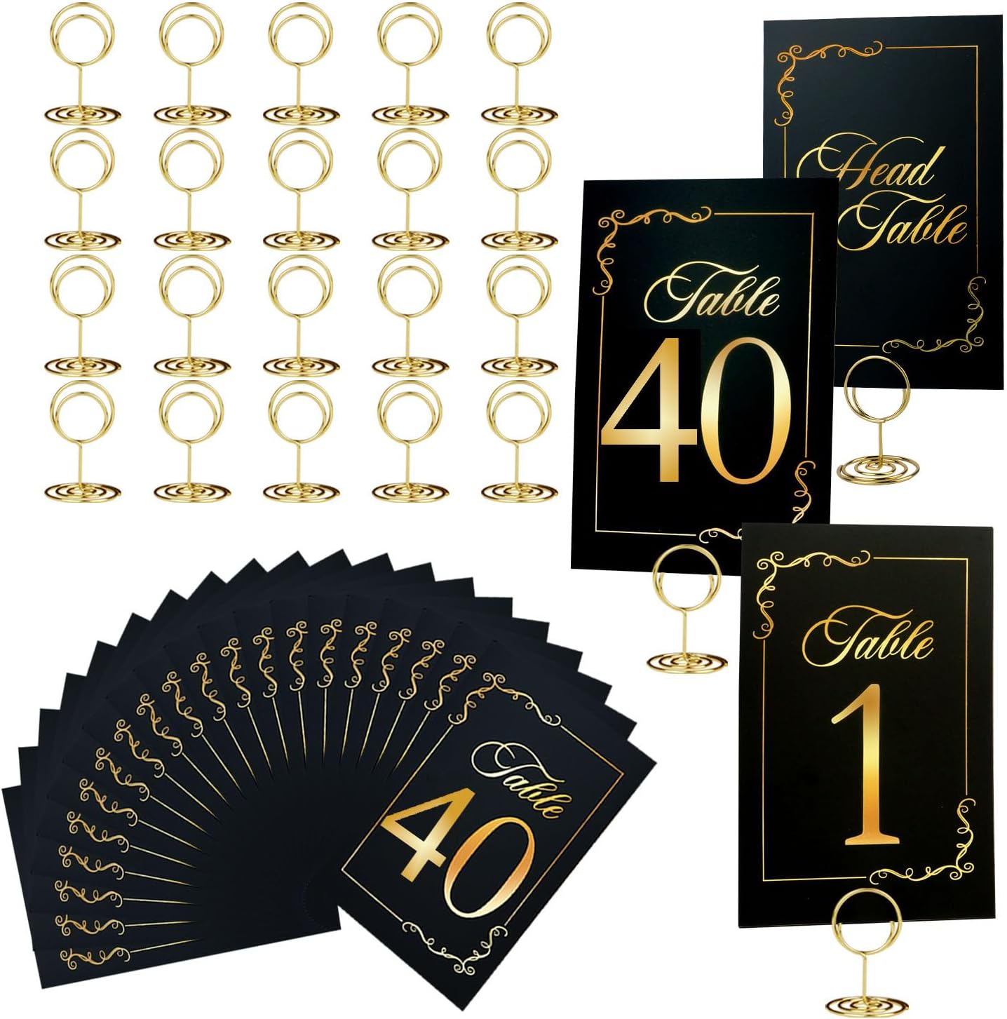 Wedding Table Numbers 1-40 and Head Table Card, Black Gold Cards with 41 Gold TableNumber Holders for Wedding Reception