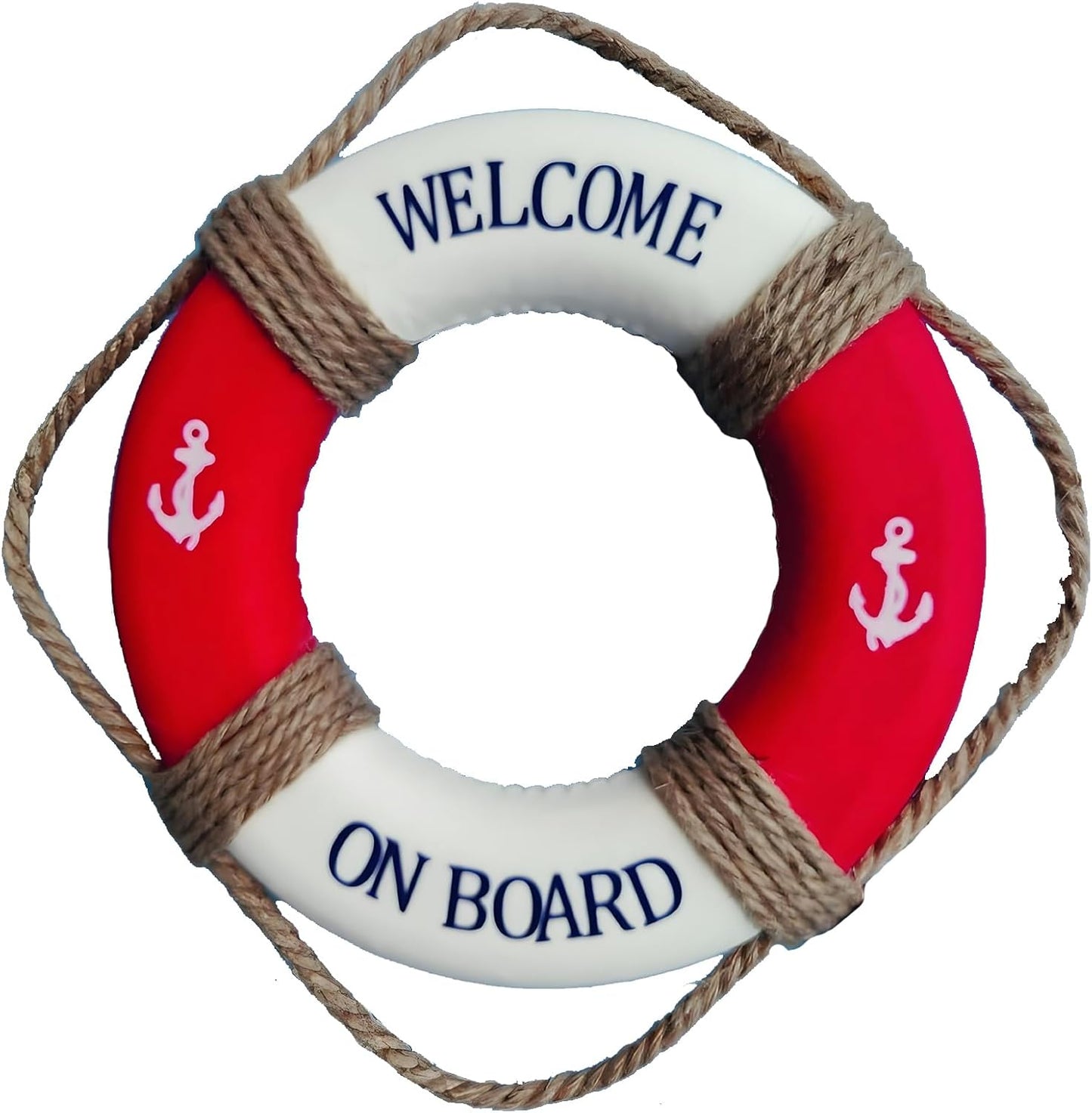 MorroMorn Lifebuoy Wall Hanging Decor - Welcome Aboard Mediterranean Style Home Decoration Hemp Rope (Red, 14")