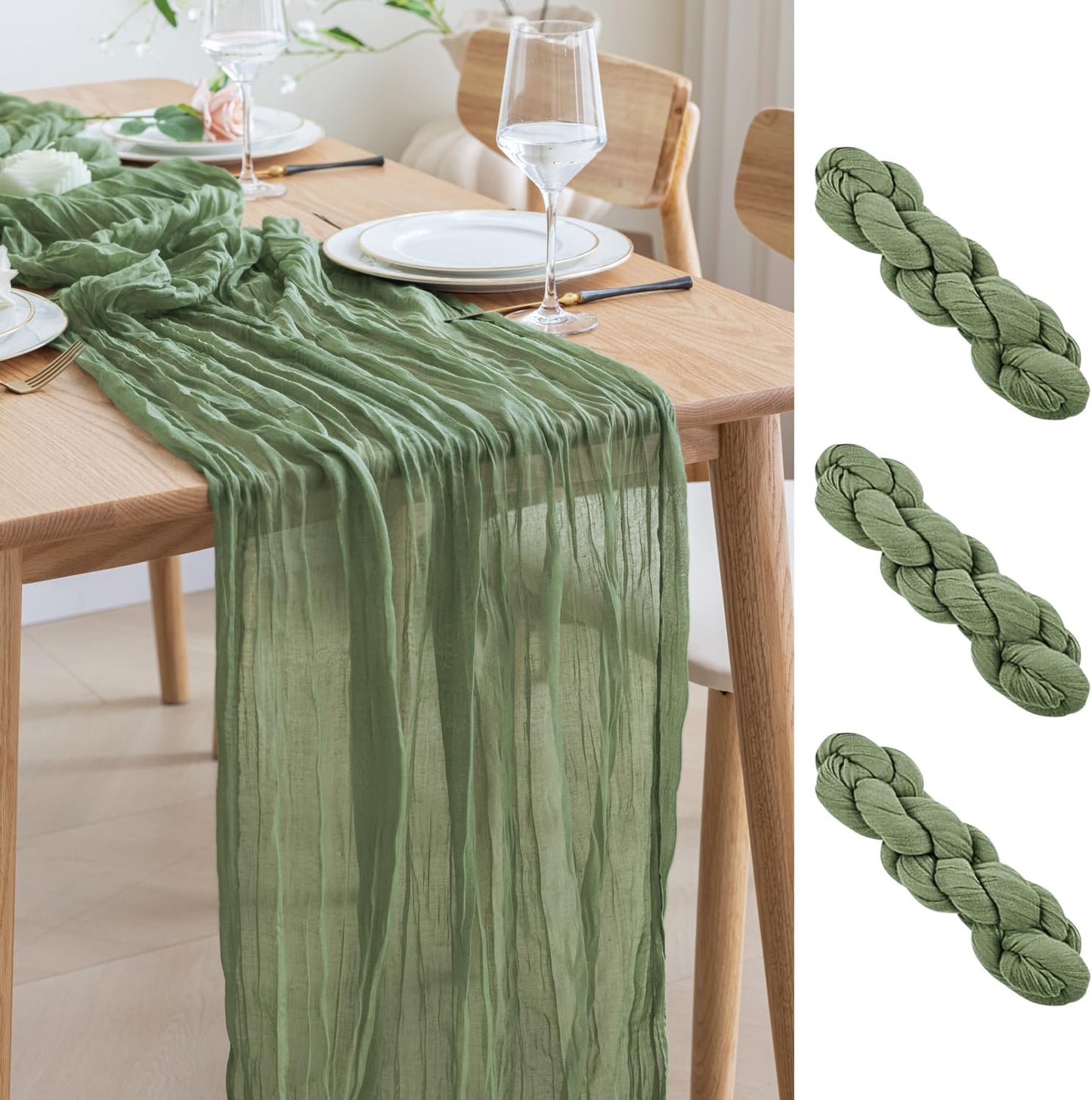 Asee'm 3pcs Cheesecloth Table Runner 120 Inches Sage Green Boho Gauze Cheese Cloth Runner 10FT Rustic Sheer Table Runners for Summer Wedding Baby Shower Holiday Party Decoration