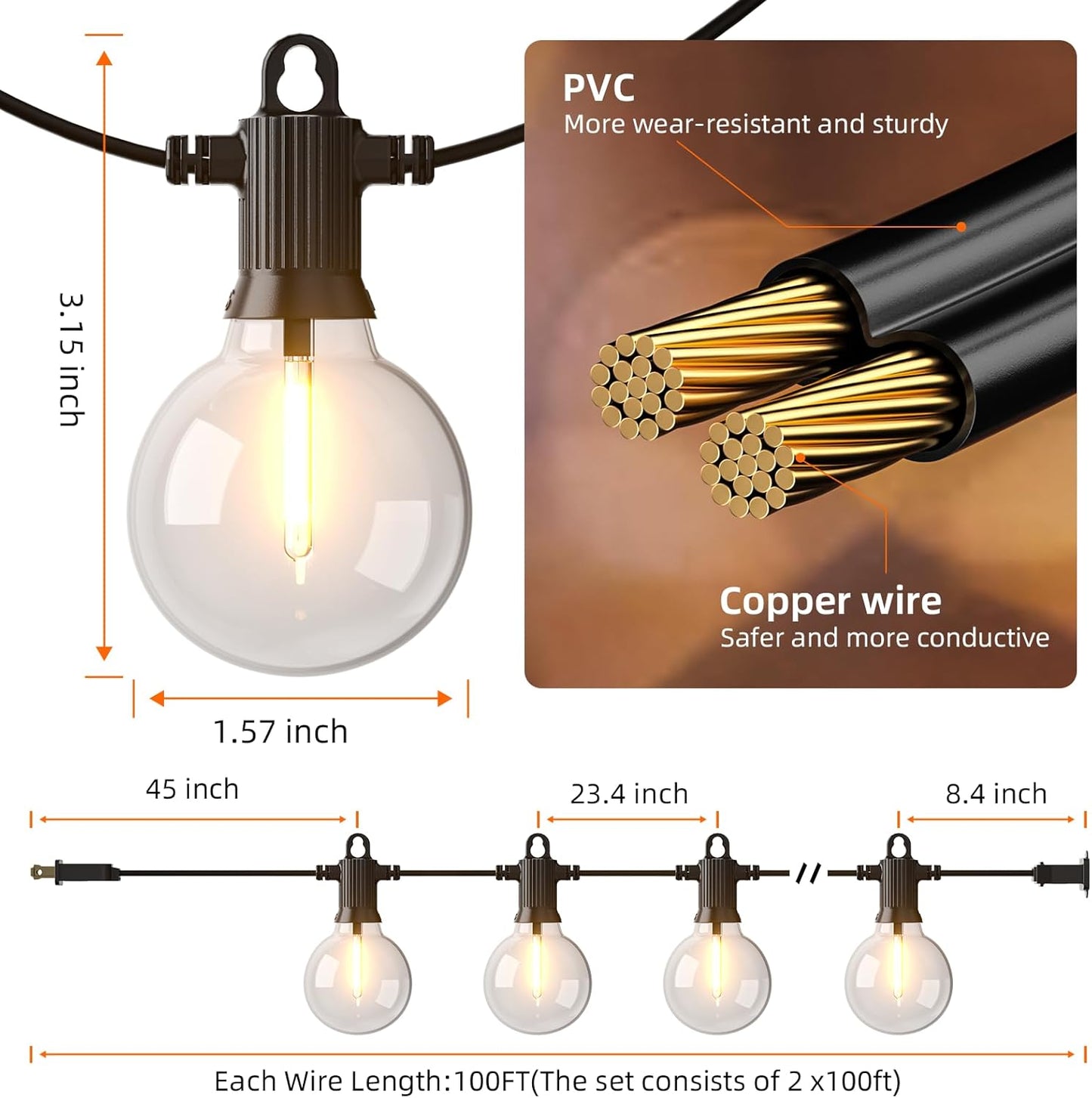 Kawaya 200FT Outdoor String Lights - LED Waterproof Patio Light for Outside with 100+4 G40 Globe Blubs - Shatterproof Hanging Lights for Porch Bistro Backyard Gazebo Balcony Cafe