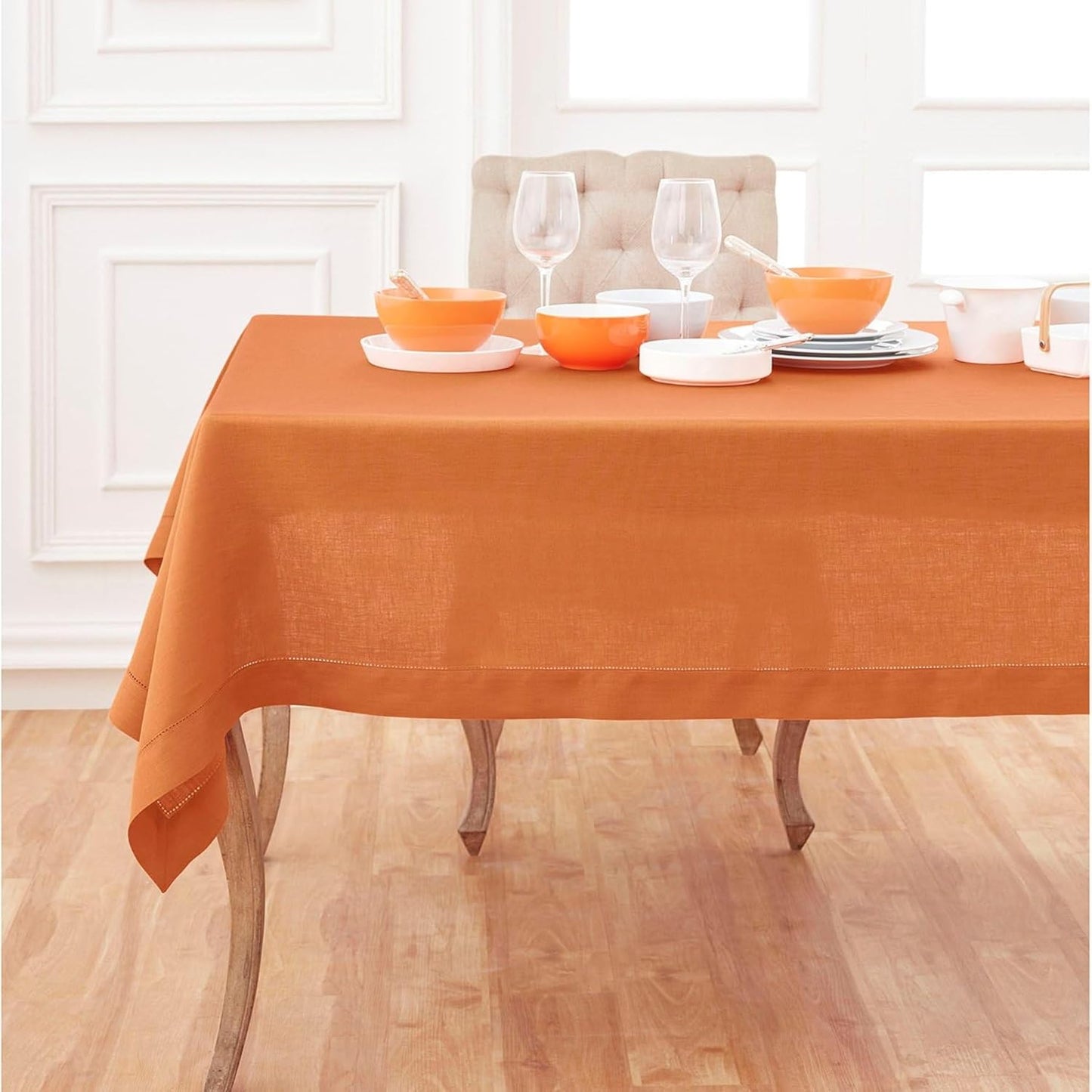 Solino Home Linen Pumpkin Tablecloth 60 x 108 Inch - Classic Hemstitch, 100% Pure Linen Rectangular Tablecloth - Machine Washable Table Cloth for Fall, Autumn, Halloween, Thanksgiving, Holiday