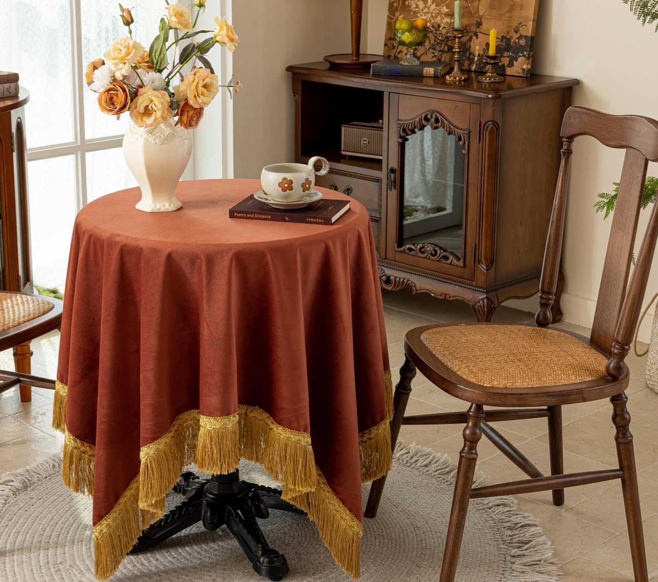 F-CHU Luxury Burnt Orange Tablecloth Thickset Velvet Tablecloth with Beautiful Gold Tassels Table Cloth for Home Decor Wedding, Party, Banquet and Events 60x60-Inch