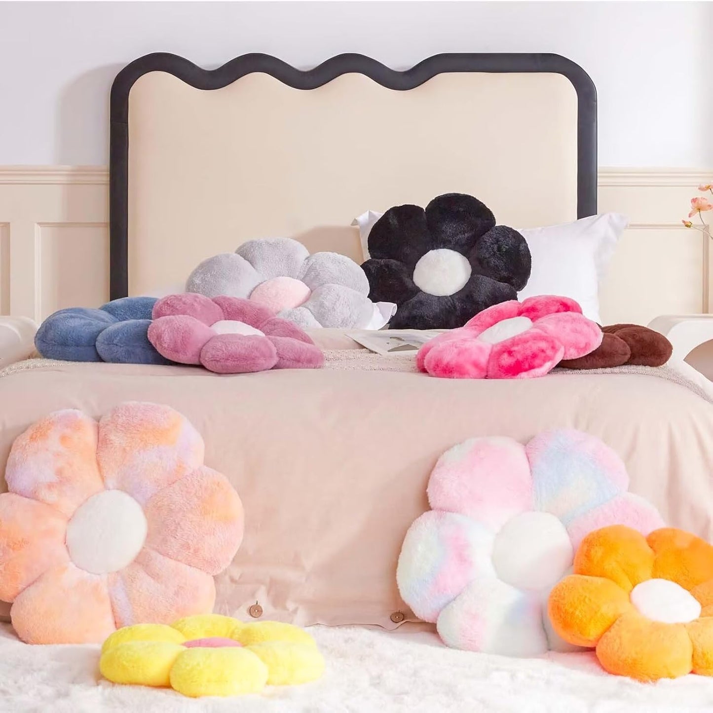 Dusty Blue Flower Shaped Throw Pillow with Faux Rabbit Fur, 14.9" Soft Plush Throw Pillow for Bedroom Living Room