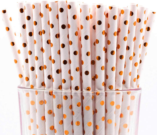 Pack of 150 Rose Gold Polka Dot Foil Biodegradable 4-Ply Paper Drinking Straws (Compostable, Non-toxic, BPA-free)