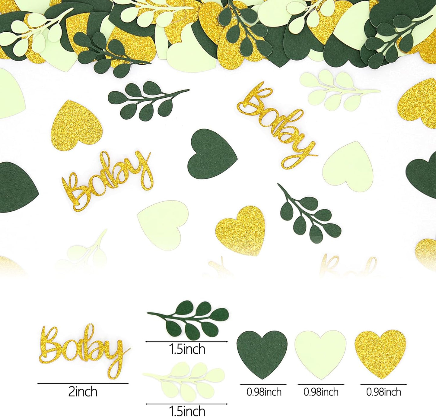 200PC Sage Green Baby Shower Confetti Green Gold Glitter Heart Table Confetti for Greenery Gender Neutral Baby Shower Decorations