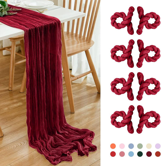 8 Pack 10Ft Table Runner 35x120 inch Burgundy Boho Gauze Table Cheese Cloth Long Wrinkled Sheer Table Runner for Wedding Bridal Shower Birthday Party Table Decor