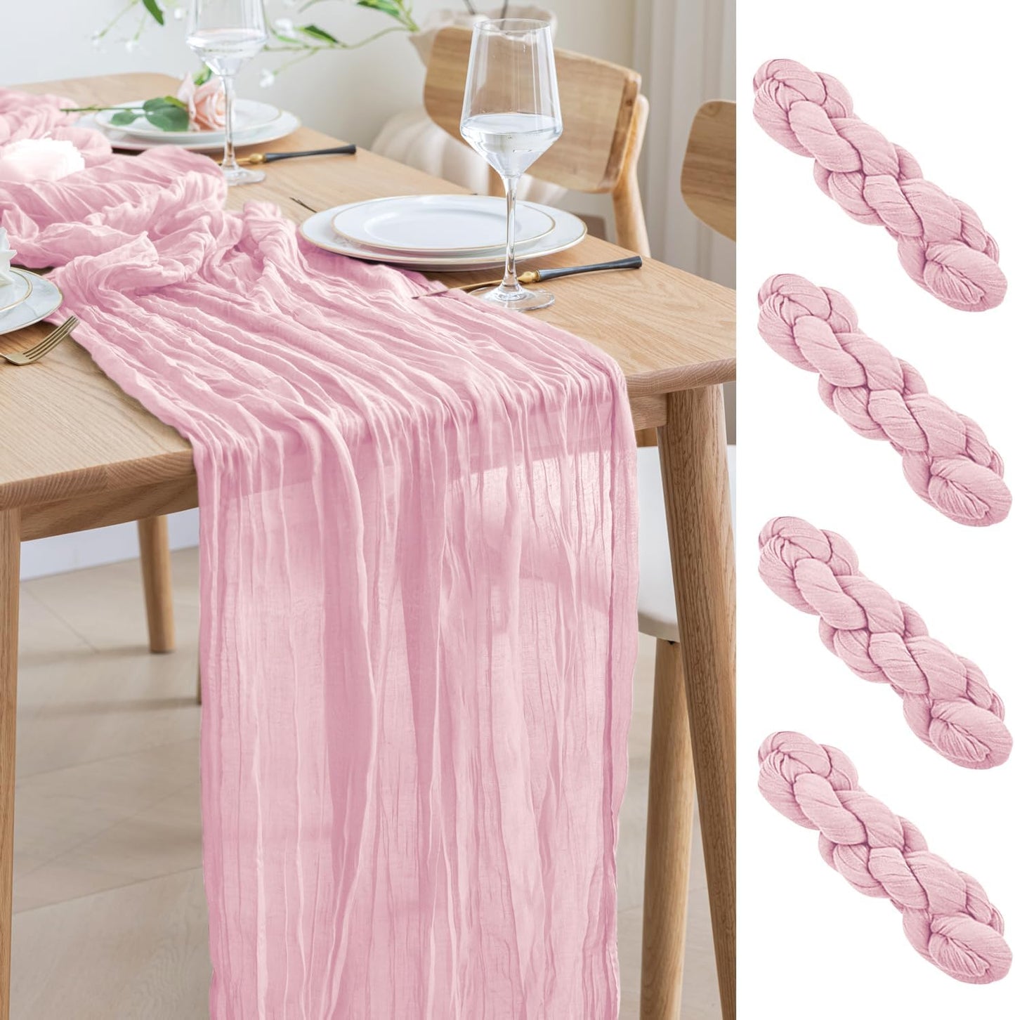 Asee'm 4pcs Cheesecloth Table Runner 120 Inches Blushing Pink Boho Gauze Cheese Cloth Runner 10FT Rustic Sheer Table Runners for Summer Wedding Baby Shower Holiday Party Decoration