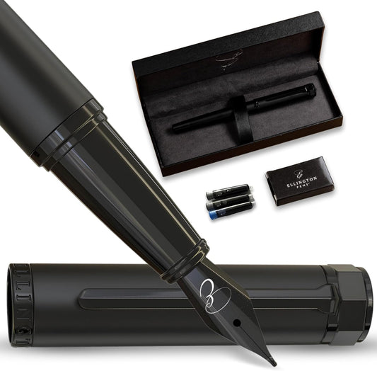 Ellington Pens Luxury Fountain Pen Set - Fountain Pens For Writing - Smooth Fine Nib - Includes Refillable Ink Converter, 3 Ink Cartridges, Gift Box - Calligraphy, Journaling, Sketching (The Stealth)
