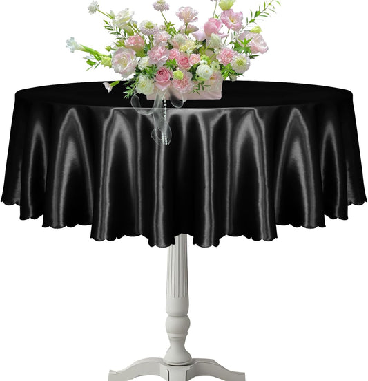 KKJIAF 1 Pack 60 Inch / 5ft Round Table Cloth, Black Overlay Round Satin Table Cover, Silky Satin Dining Tablecloths for Wedding Buffet Parties Banquet Decoration
