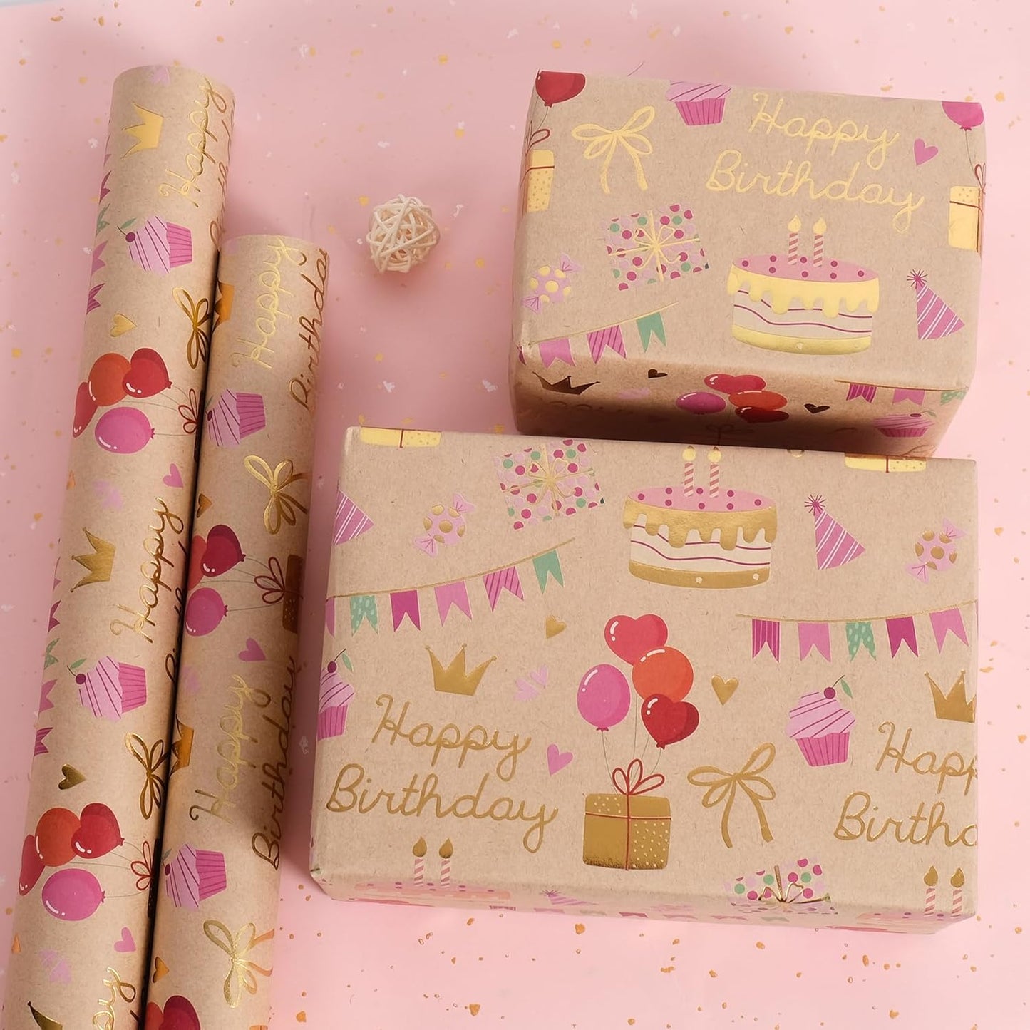 Aimyoo Birthday Wrapping Paper Roll - 17 Inch X 32.8 Feet - Gold Foil Celebration Cake, Gift Box,Happy Birthday Lettering Design Gift Wrap for Kids, Baby Showers