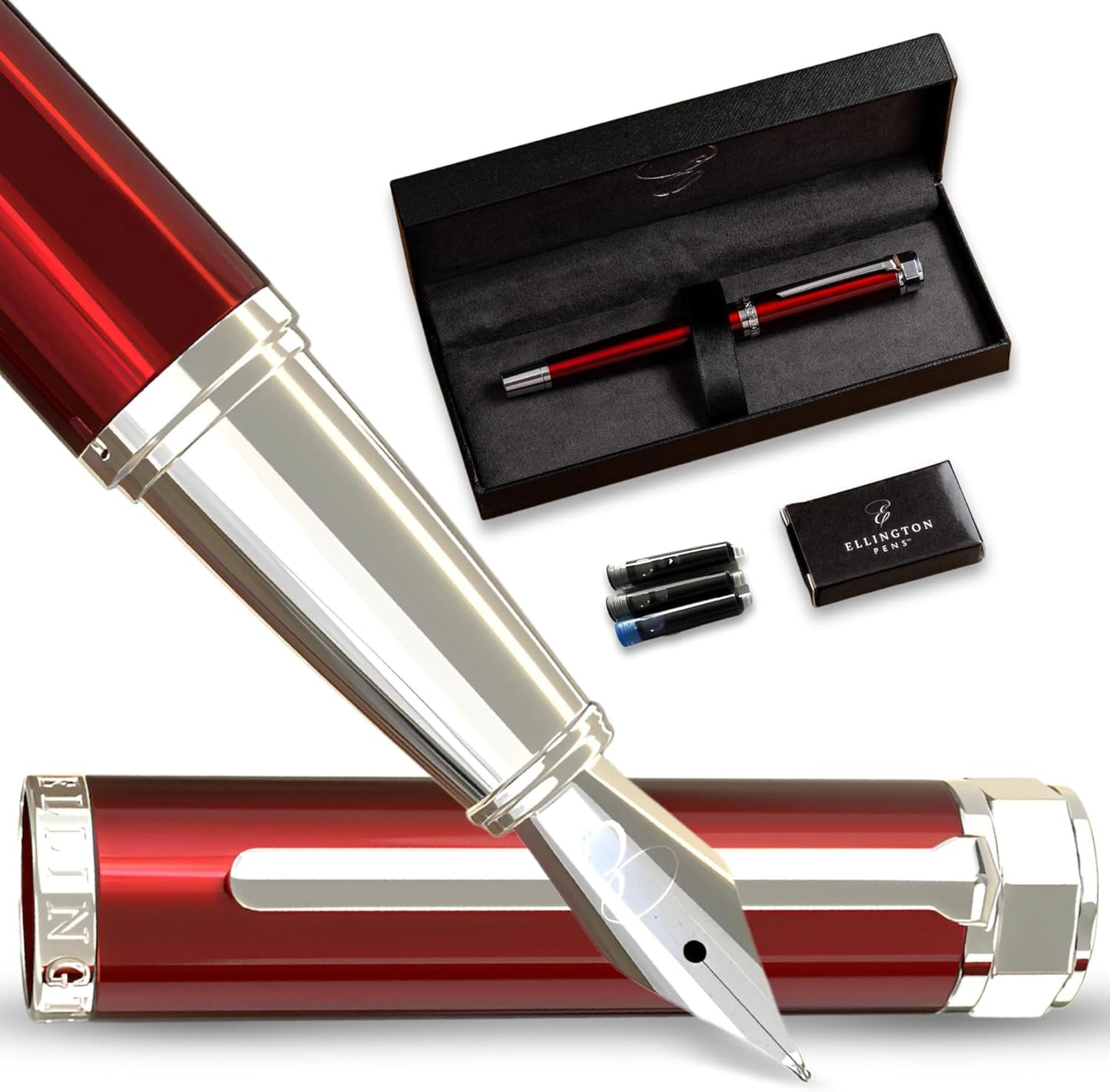Ellington Pens Luxury Fountain Pen Set- Fountain Pens for Writing - Smooth Extra Fine Nib - Includes Refillable Ink Converter, 3 Ink Cartridges [Black & Blue], Gift Box - Elegant Calligraphy