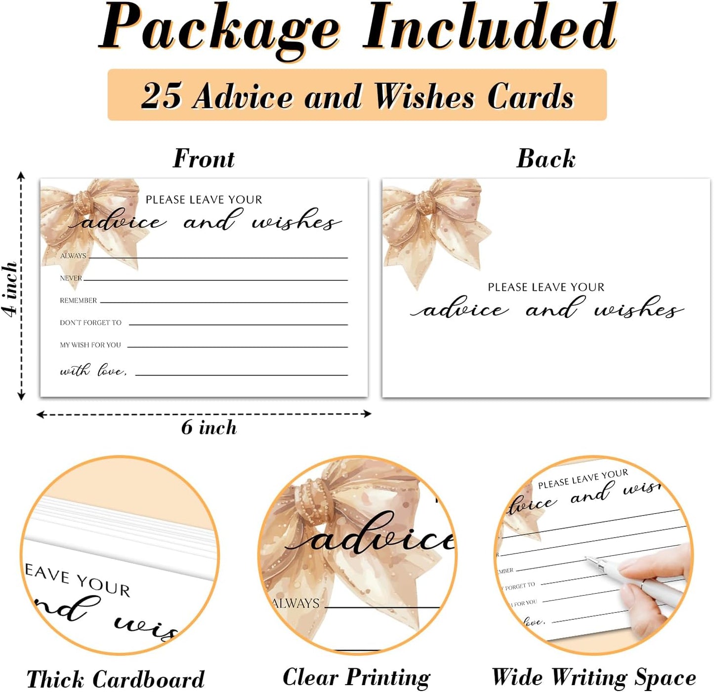25 Advice and Wishes Cards, Bow Fill-In Advice Cards for Bridal Shower Wedding Birthday Party Baby Shower Graduation Party, Well Wishes Card for Mr & Mrs Adults, Party Supplies -04