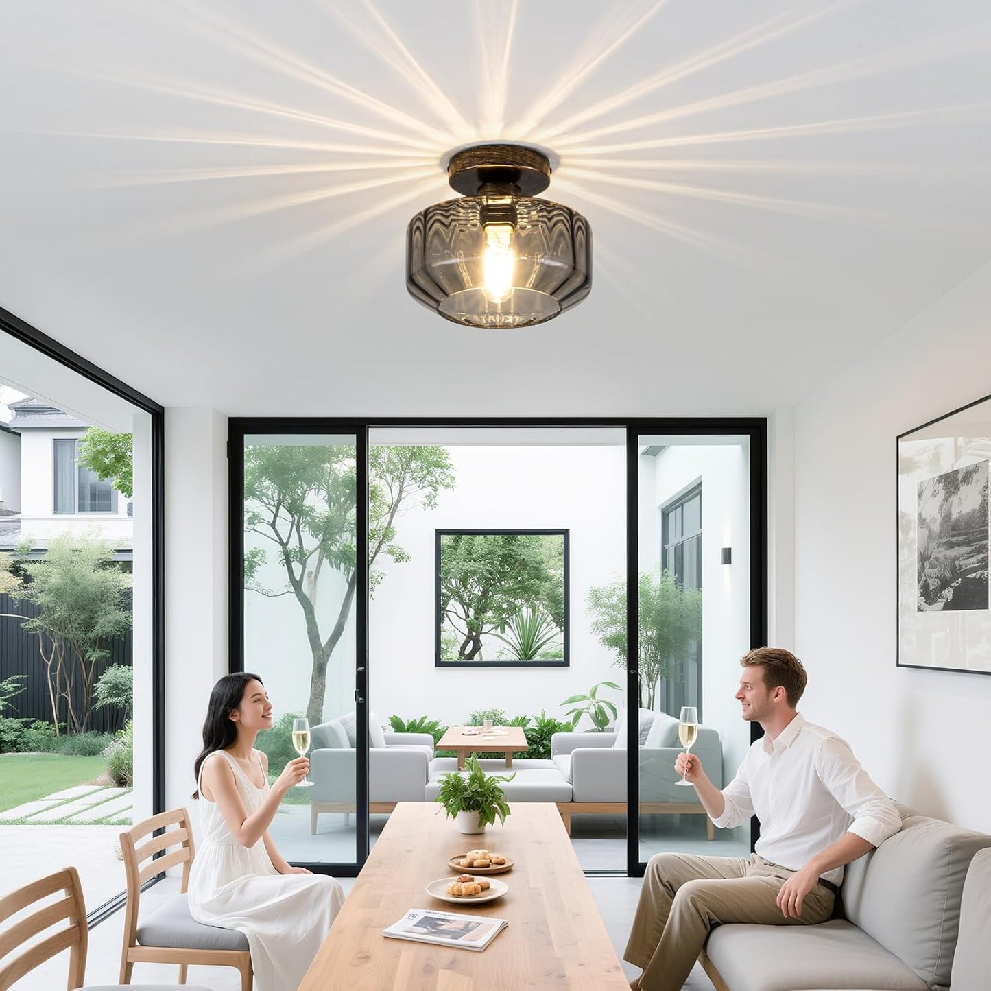 Smoked Glass Flush Mount Ceiling Light with 1200LM LED - Black Champagne Gold 8.66" Damp Rated Fixture for Bathroom Kitchen Hallway Modern Lighting