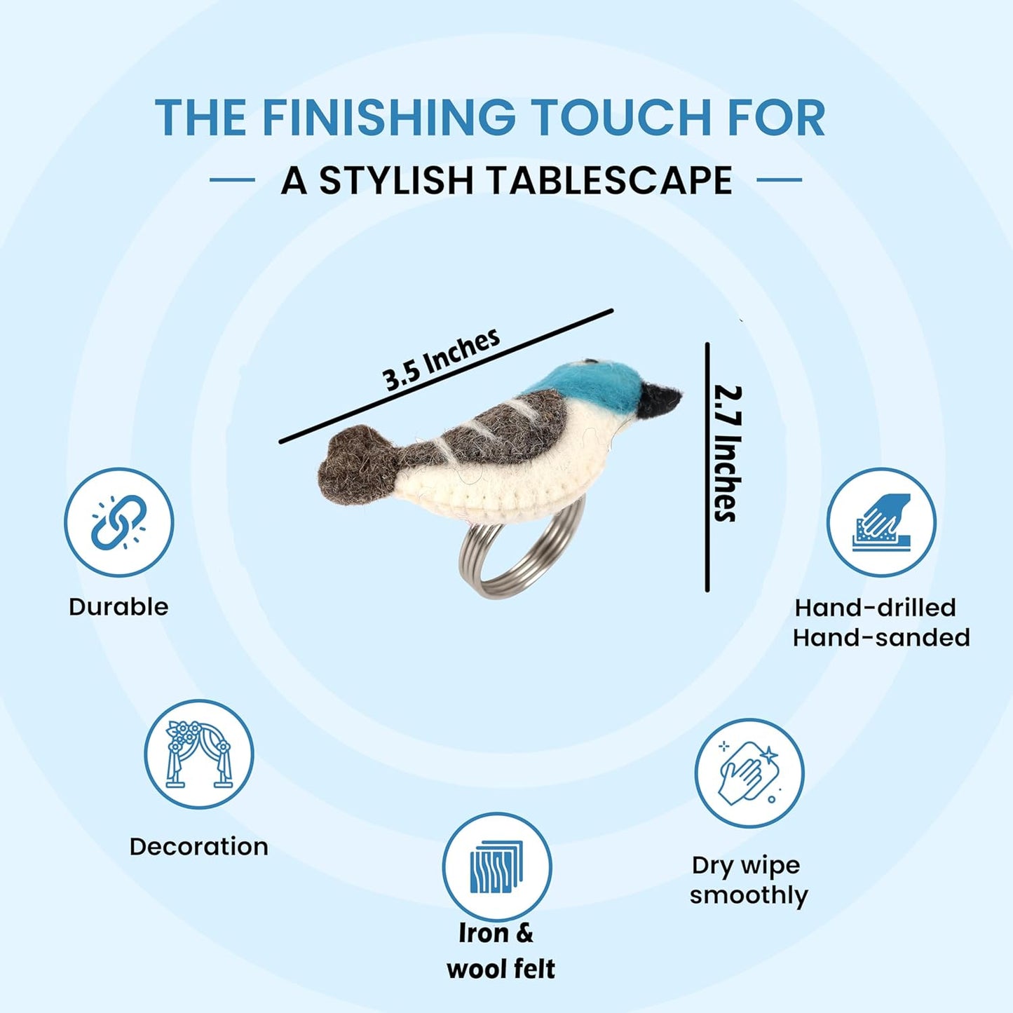 Wool Felt Napkin Ring Set of 8 - Bird Napkin Holder for Dining Table with Silver Electroplated Metal Base - Perfect for Spring, Holiday Parties, Rustic Event (White Blue Grey Black) - CLEENTABLE