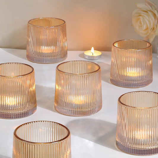 DARJEN Gold Ribbed Tealight Votive Candle Holders- 6Pack Glass Candle Holders for Table Centerpiece, Home Decor, Wedding Decor, Party Dinner