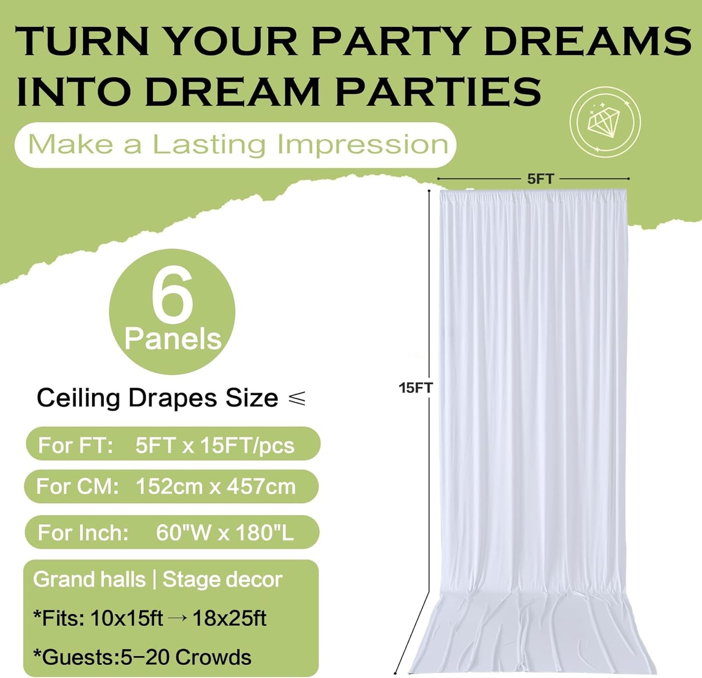 PartyVillage 30ft×15ft White Backdrop Curtain for Wedding Parties, 6 Panels Wrinkle Free 15 FT Long Polyester Photo Backdrop Drapes Back Drop Cloth for Birthday Photography Background